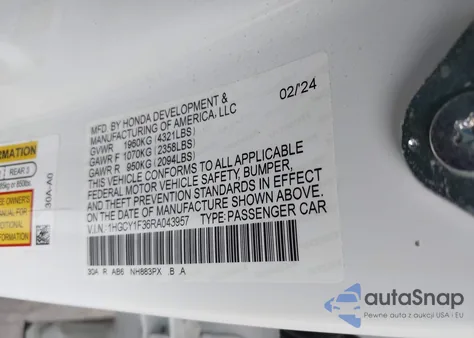 2024 Honda Accord Ex from USA, damaged, VIN 1HGCY1F36RA043957